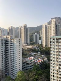 Buildings in city against clear sky