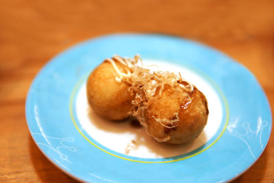 Close-up of dessert served on table