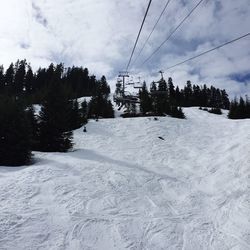 Snow covered landscape against cloudy sky