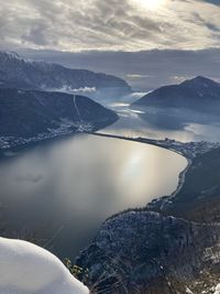 Scenic view of lake and snowcapped mountains against sky