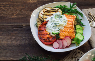 High angle view of breakfast served on table