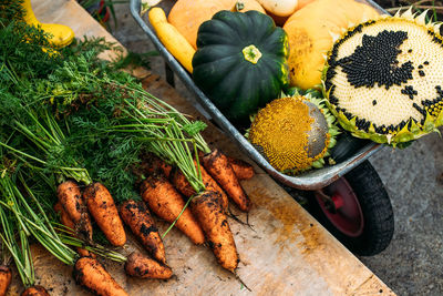 High angle view of vegetables on table