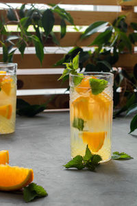 Refreshing orange drink. a type of lemonade. mineral water with pieces of fresh orange and mint. 