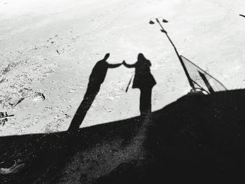 Shadow of couple on land during sunny day