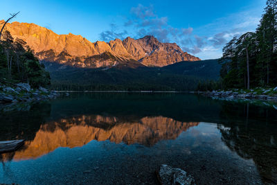 Scenic view of lake and mountains against sky