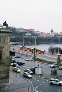 High angle view of city street against clear sky