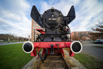Steam locomotive in front of the main station, coal-fired german locomotive from 1939, front view