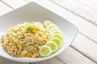 High angle view of food in plate on table