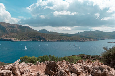 Scenic view of bay against sky