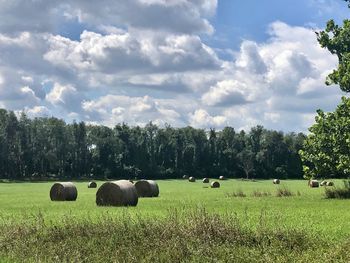 Hay bales on field against sky