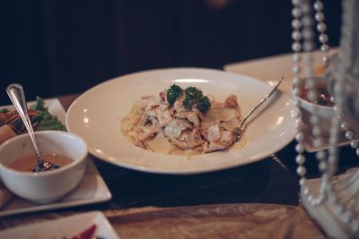 Close-up of meal served on table