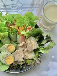 High angle view of breakfast on table