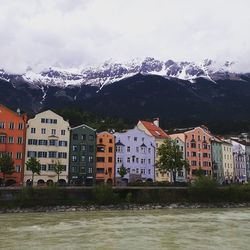 Houses with mountain range in background