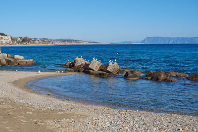 Scenic view of sea against clear blue sky