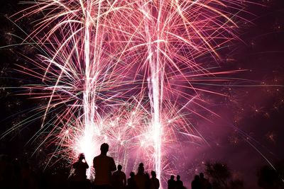 Silhouette people looking at firework display during night