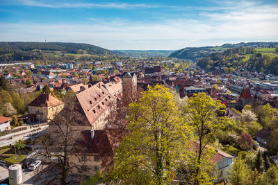 High angle view of townscape against sky