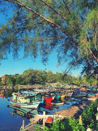 Boats moored in lake against sky