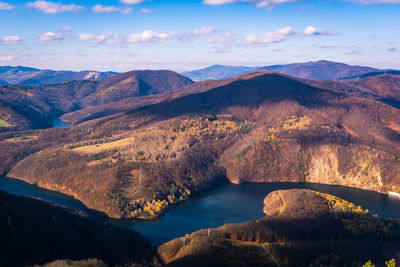 Scenic view of river and mountains against sky