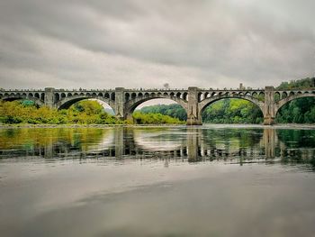 Bridge over river against cloudy sky