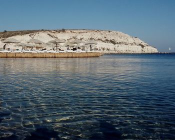 Scenic view of sea against clear blue sky