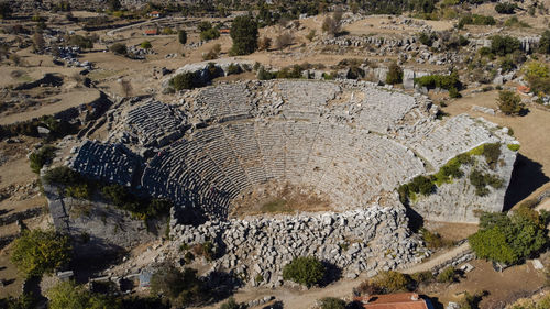 Aerial view of ancient amphitheater in selge city, antalya province, turkey.