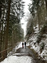 Two people walking on a snow covered hill side