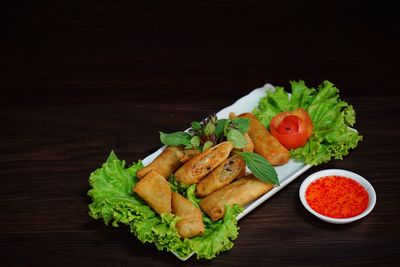 High angle view of salad in plate on table