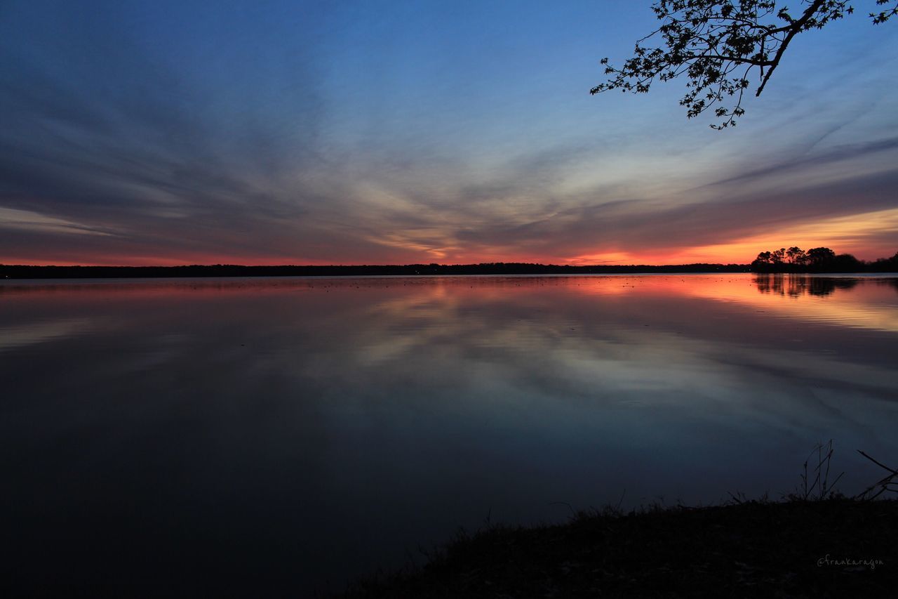 sunset, sky, tranquil scene, scenics, tranquility, beauty in nature, water, silhouette, cloud - sky, nature, idyllic, dusk, lake, cloud, reflection, orange color, dramatic sky, outdoors, calm, tree