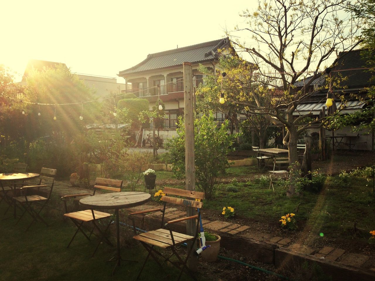 building exterior, architecture, built structure, tree, house, clear sky, sunlight, residential building, residential structure, day, chair, outdoors, table, sky, building, grass, no people, city, bare tree, branch