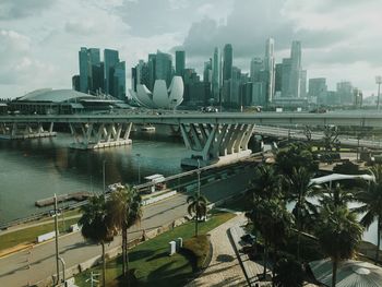 Bridge over river with buildings in background