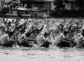 Men oaring during boat race 
