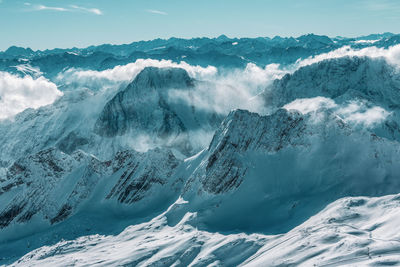 Mountain panorama from the viewing platform on the zugspitze. german and austrian ski areas.