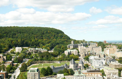 High angle view of buildings against sky
