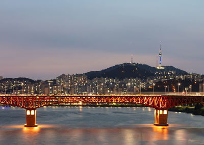Bridge over river against sky during sunset