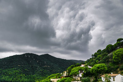 Scenic view of mountains against cloudy sky