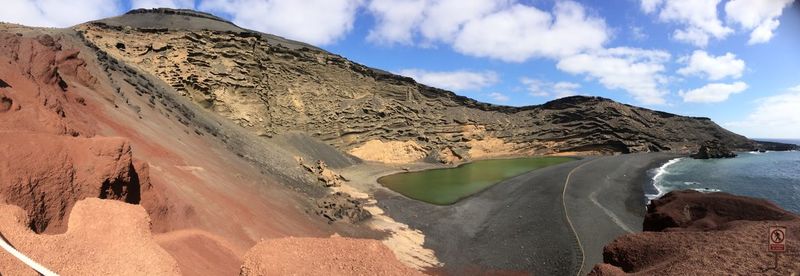 Panoramic view of mountain and sea against sky