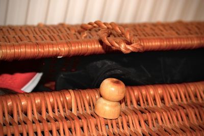 High angle view of eggs in wicker basket