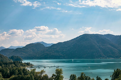 Scenic view of lake and mountains against sky