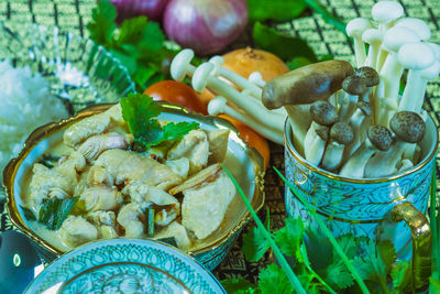 High angle view of mushrooms in container