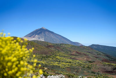 Scenic view of snowcapped mountains against clear blue sky