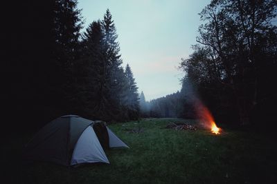 Tent in forest against sky