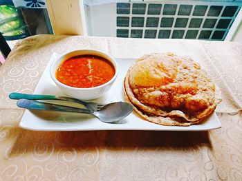 High angle view of breakfast on table