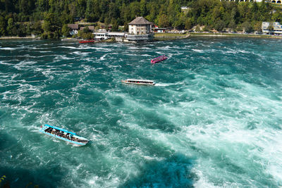 High angle view of boats in sea