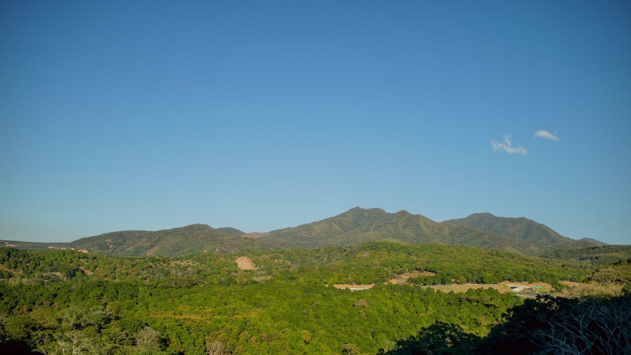 mountain, nature, tranquil scene, landscape, scenics, tranquility, beauty in nature, blue, day, outdoors, no people, clear sky, field, mountain range, grass, sky, tree