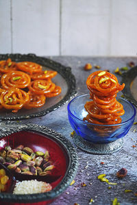 Close-up of dessert served on table