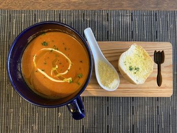 High angle view of soup in bowl on table