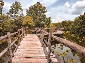 Footbridge against trees and plants against sky