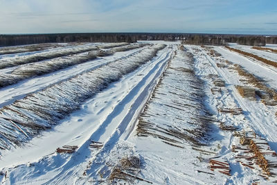 Aerial view of snow covered land