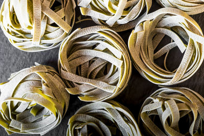 Directly above view of spinach tagliatelle on table