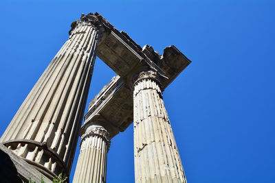 Low angle view of old temple against blue sky